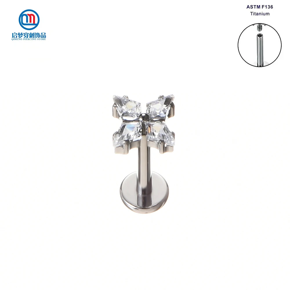 

QM ASTM F136 Titanium Internally Threaded Four Mini Zircons Clusters Top Labret Earrings Helix Flat Tragus Piering Jewelry