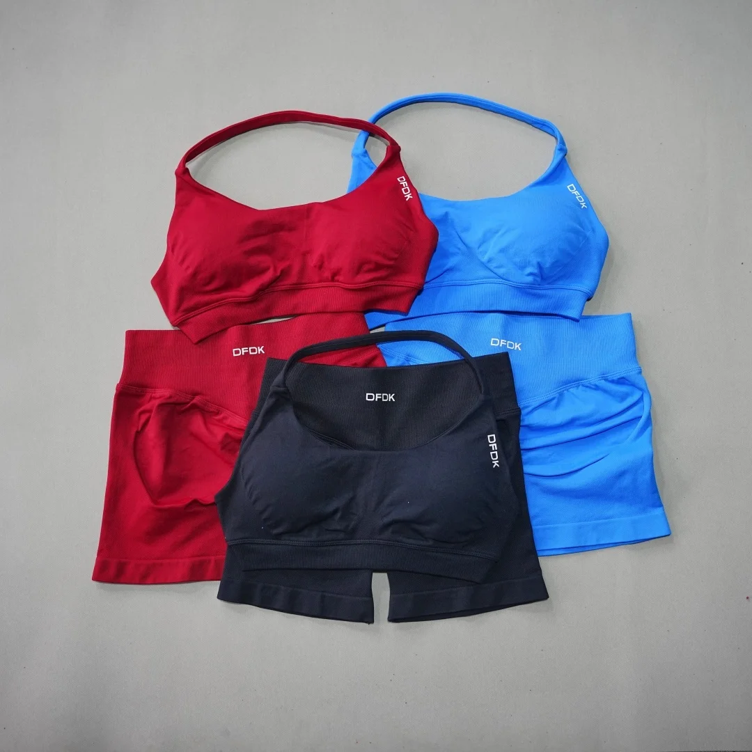 DFHE Women's Fashion 2 Piece Sports Set Lace Up Sports Bra Seamless Shorts Leggings Yoga Gym Fitness Running Tracksuit