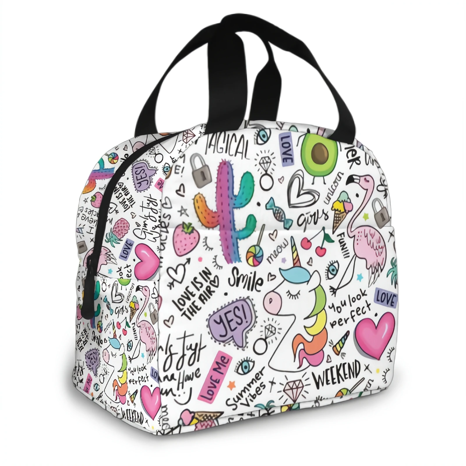 Leuke Doodle Met Eenhoorn Flamingo Cactus Ananas Geïsoleerde Lunch Tas Lunchbox Bakjes Voor Vrouwen Mannen Kantoor School Picknick