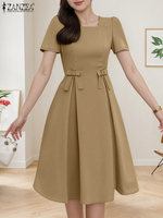 2025 ZANZEA Elegant OL Dress Women Short Sleeve Midi Sundress Summer Bow Waisted Solid Color Office Lady Party Casual Vestidos