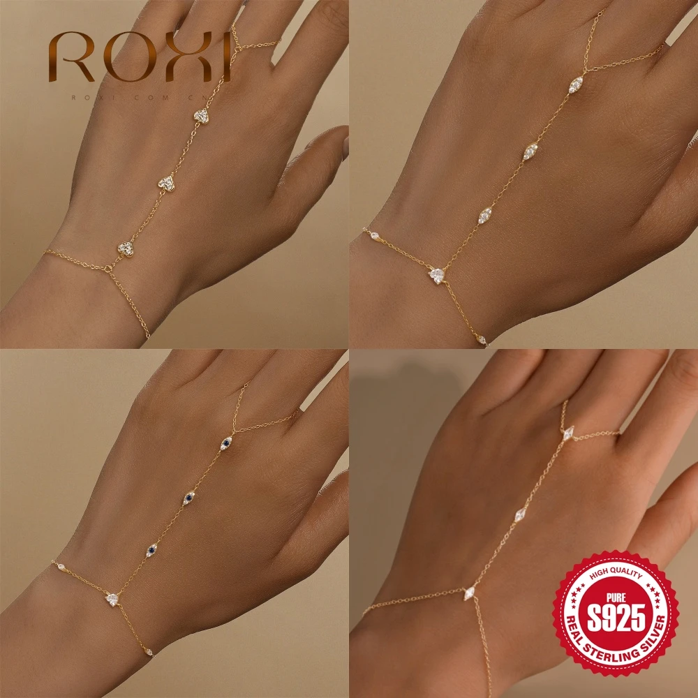 ROXI 925 스털링 실버 하트/스타 지르콘 팔찌 여성을위한 손가락 디자인 핸드 체인 액세서리 파티 보석 선물