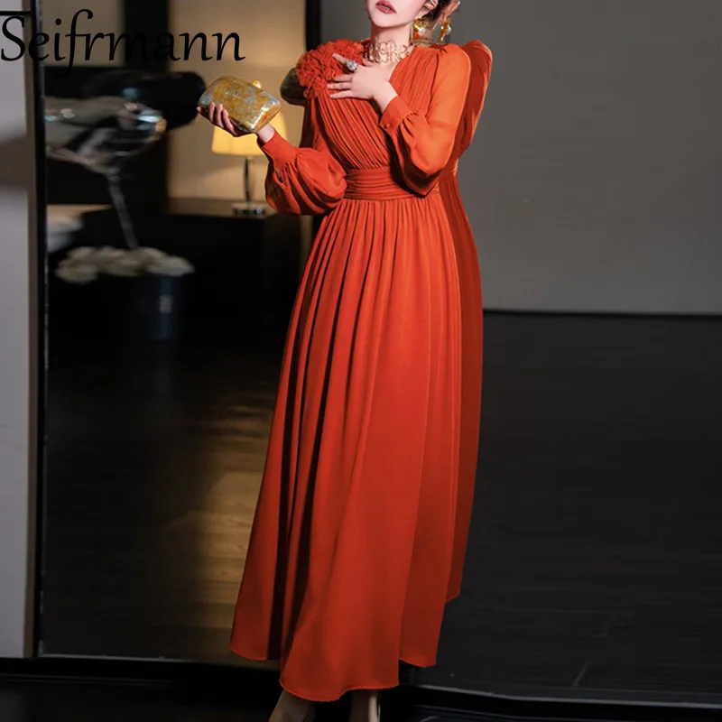 Seifrmann Solid Long Sleeve V-Neck Long Dress For Women Appliques High waist High-End Temperament Party Prom Dresses