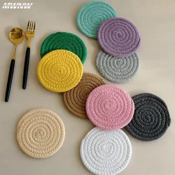 Hand Woven Circular Cotton Dining Table Placemat Coaster Kitchen Accessories Mat Cup Heat-resistant Solid Color Coffee Drink Pad