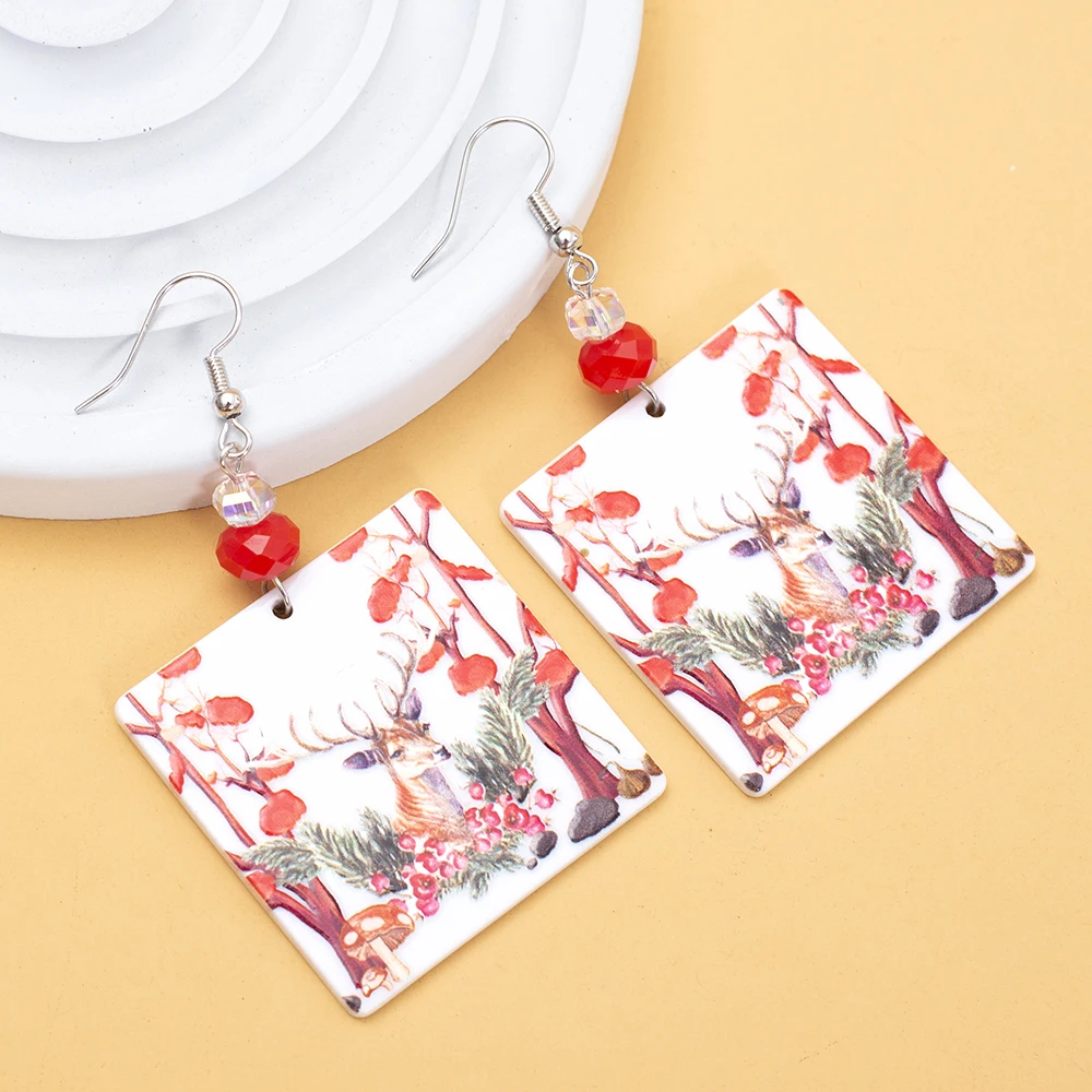 Fashion Christmas Gift Forest Elk Relievo Printing Acrylic Earrings For Women Aesthetic Color Matching Elegant Ladies Jewelry