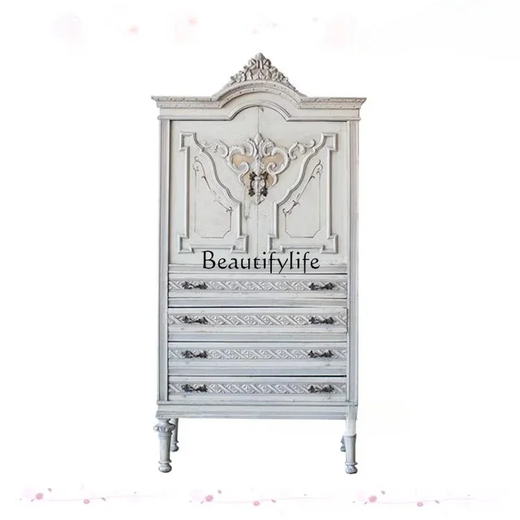 LXSolid wood carving flower wardrobe light luxury villa French pastoral retro old bedroom drawer two-door wardrobeSSS