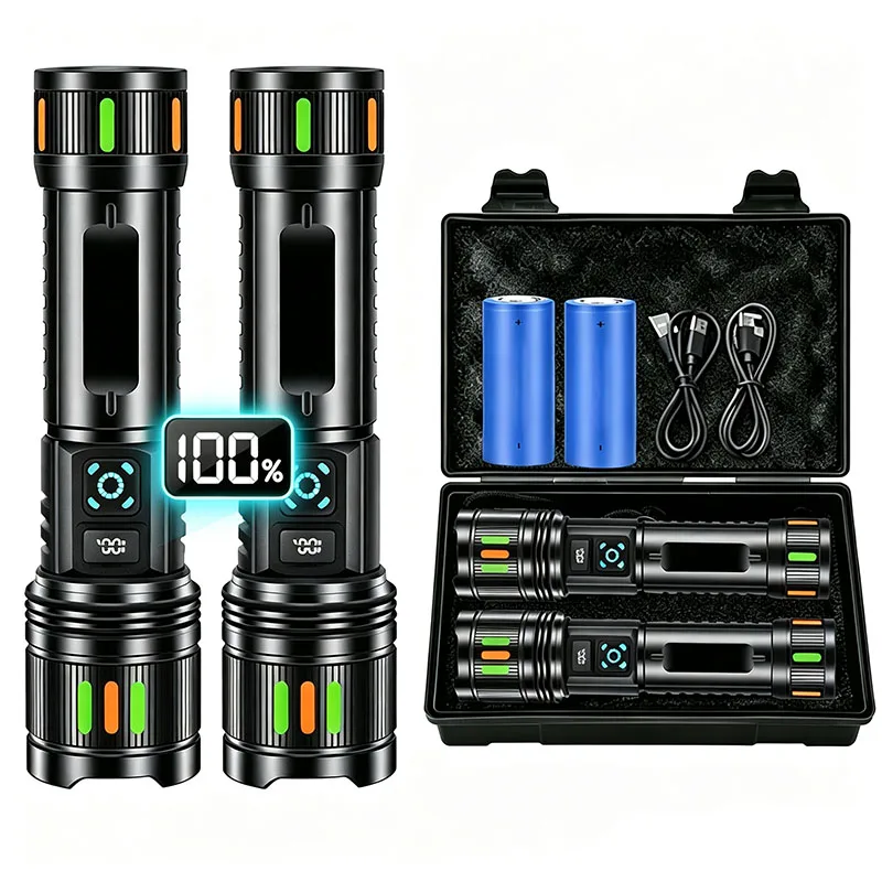 2PCS Aluminum Alloy Rechargeable LED Flashlight High Power Long Shot Zoomable Torch Light For Camping