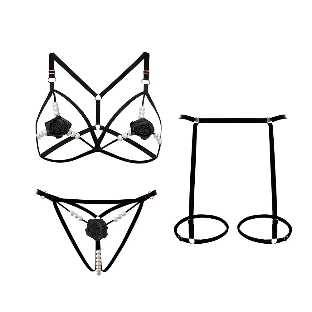 Ensemble de lit séduisant à trois points pour femme, lingerie sexy pour petits seins, pour faire un look plus grand, flirt avec perles roses