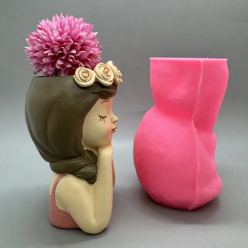 Cute girl flower pot silicone mold used to make gypsum resin concrete living room balcony decoration ornaments view 4