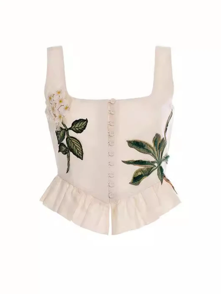Elegant Floral Embroidery Top Half Skirt Two-Piece Set Summer 2025 Romantic Atmosphere French Style Polyester Fiber Women's Wear