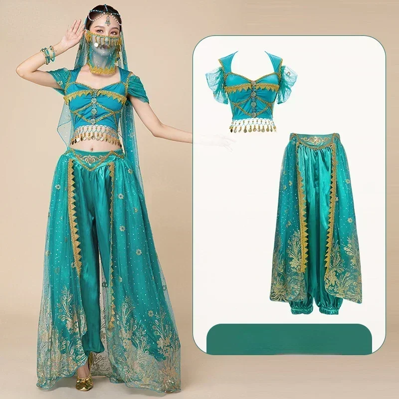 Costume di Halloween Aladdin Jasmine Princess danza del ventre abito esotico Western Dancer Performance Suit Texture Costume da palcoscenico