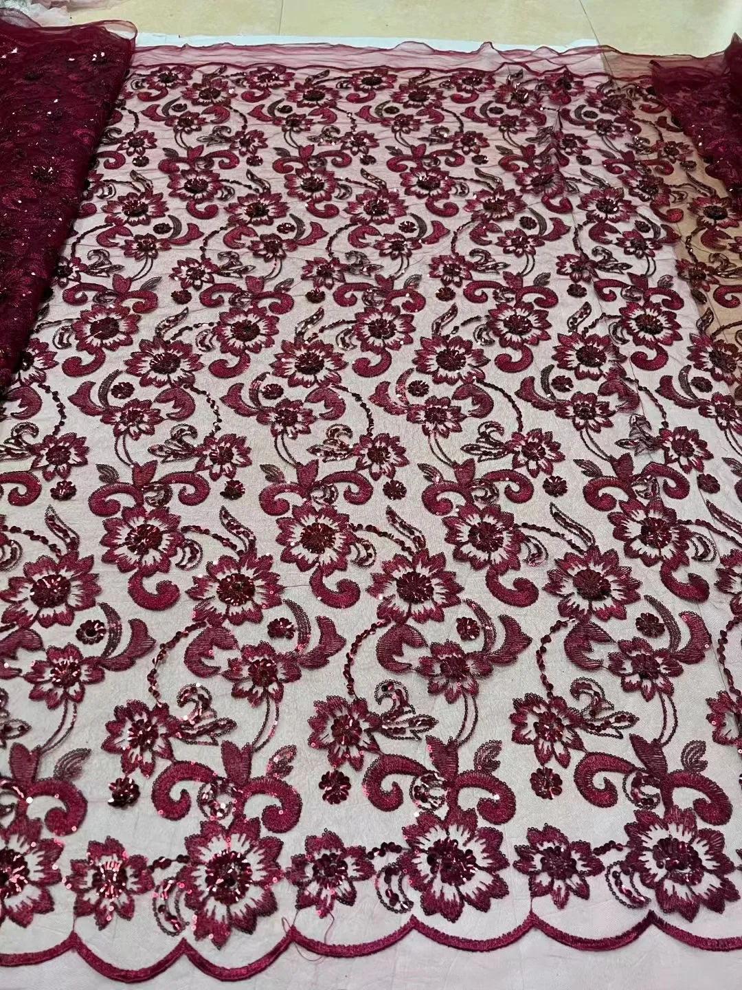 

Wine African Nigerian Tulle Mesh Lace Fabrics High Quality Embroidery Sequins Net Lace Fabric For Party Dress beaded lace fabric