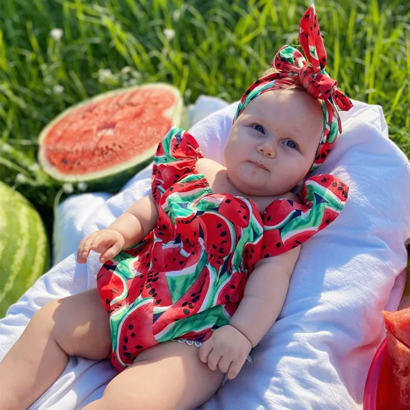 Baby Mädchen Rosa Wassermelonen-Print Strampler Säugling Rüschen-Body mit Stirnband Neugeborenen Rotes Wassermelonen-Karnevalskostüm – Detail 16