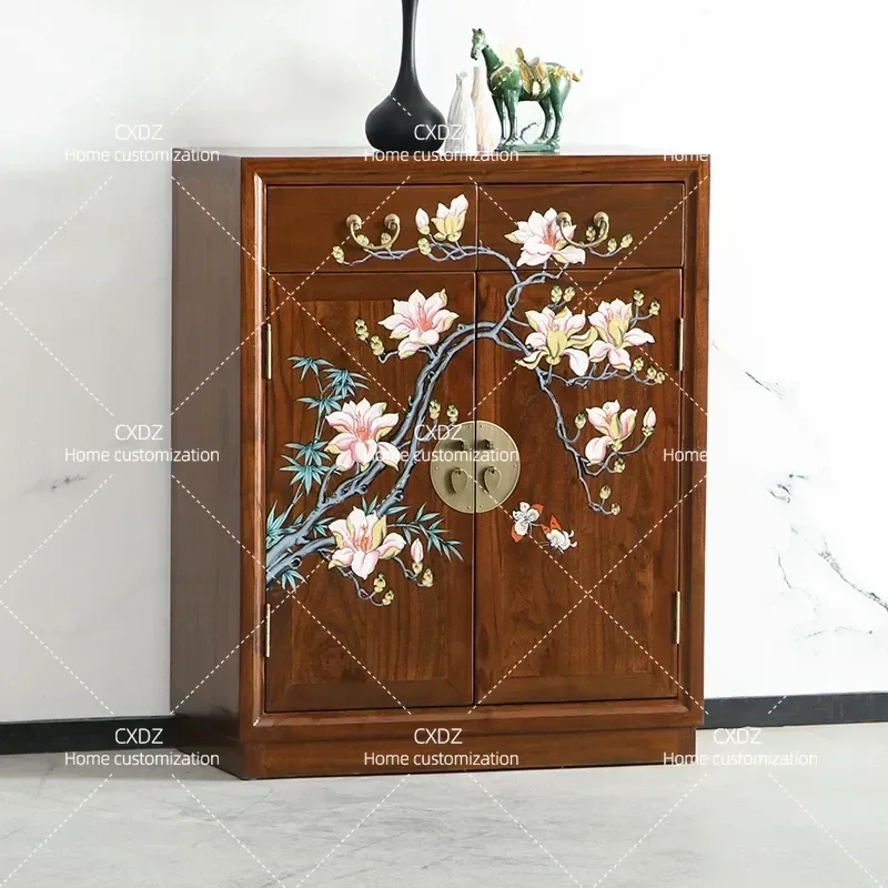 New Chinese Style Elm Hand Painted Shoe Cabinet Antique Solid Wood Simple Entrance Foyer Storage Wine Cabinet Side Cabinet