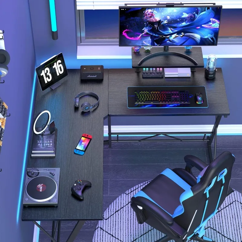 Shaped Gaming Desk Corner Computer Desk,   Writing Workstation with Large Monitor Stand, Easy to Assemble (Black,51 Inch)