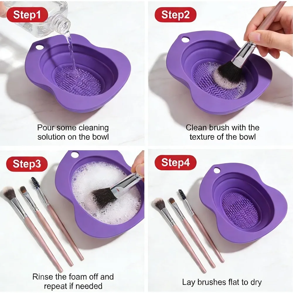 Foldable Silicone Makeup Brush Cleaner Mat with 4 Textured Deep Cleaning Zones, Portable Scrubber Bowl for Washing Cosmetic Brushes Sponges Puff Blenders, Easy to Hang and Store, Bristle-Friendly Travel Home Cleaning Pad