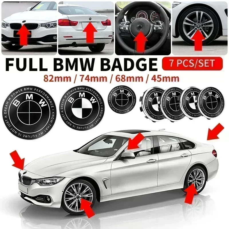 

7pcs 45mm 68mm 74mm 82mm Car Front Hood Emblem rear boot badge Steering wheel Logo for BMW M F30 G01 E36 E39 E87 E46 E90 E92 E53