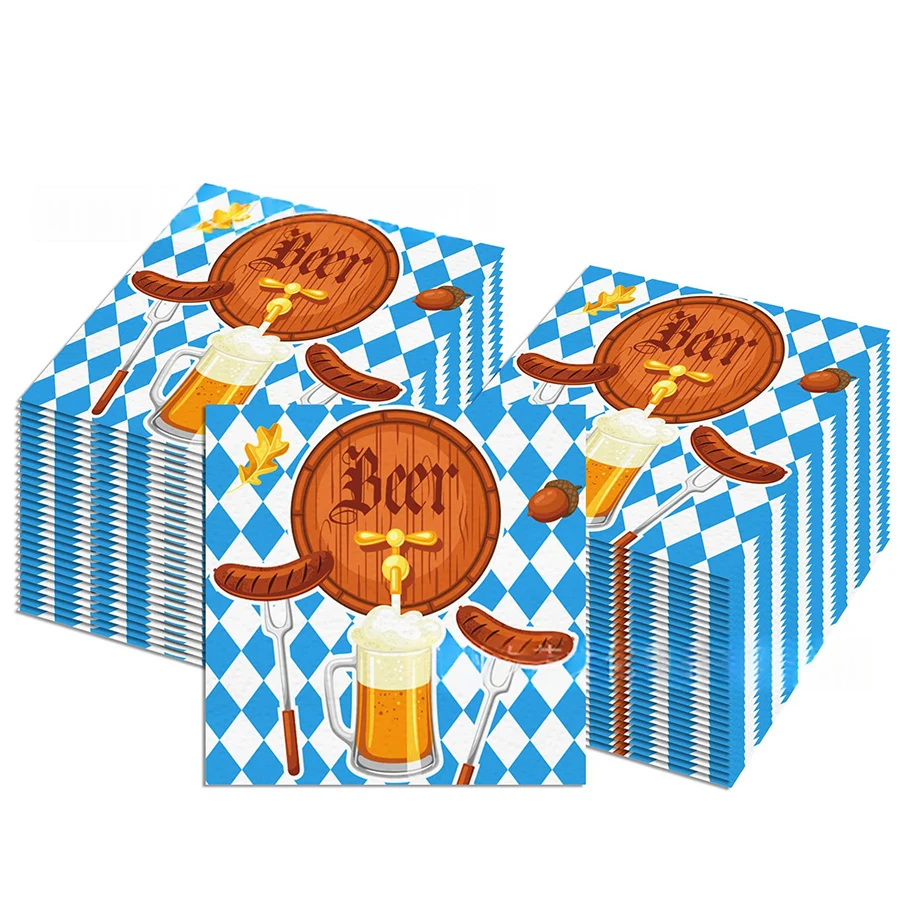 20pcs Blue Oktoberfest Disposable Paper Napkins Beer Barrel Sausage Print for Beer Festival DIY Decoupage Table Tissue