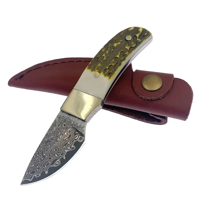 Cuchillos de Acero de Damasco con Mango de Asta de Ciervo para Supervivencia, Caza y Camping al Aire Libre con Funda de Cuero