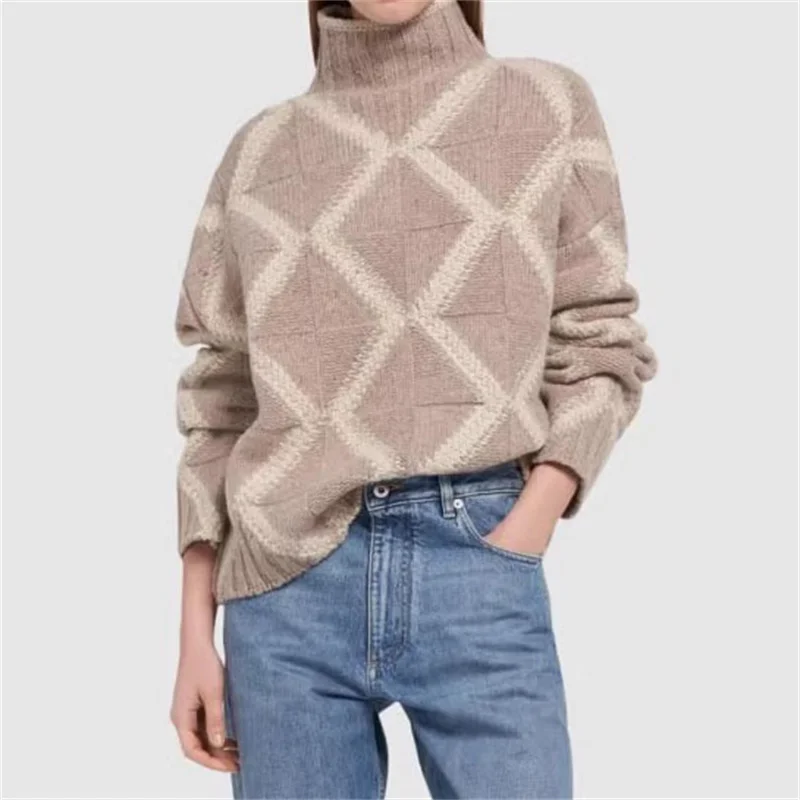 Sweaters for women 2024 Autumn New Diamond grid Elastic knitted High Collar Pullover y2k Long sleeved Top 100% cashmere knitwear