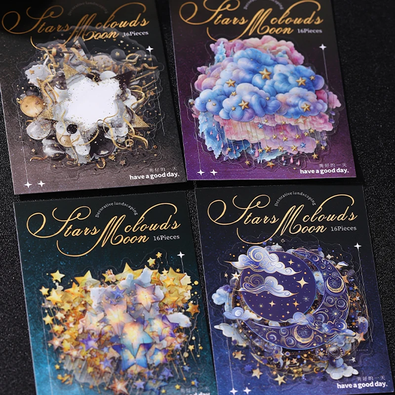Mr. Paper 16 Stück Wolken, Sterne, Mond, Serie Landcape PET-Aufkleber, kreatives DIY-Tagebuch, Scrapbooking, Collage, dekorative Aufkleber