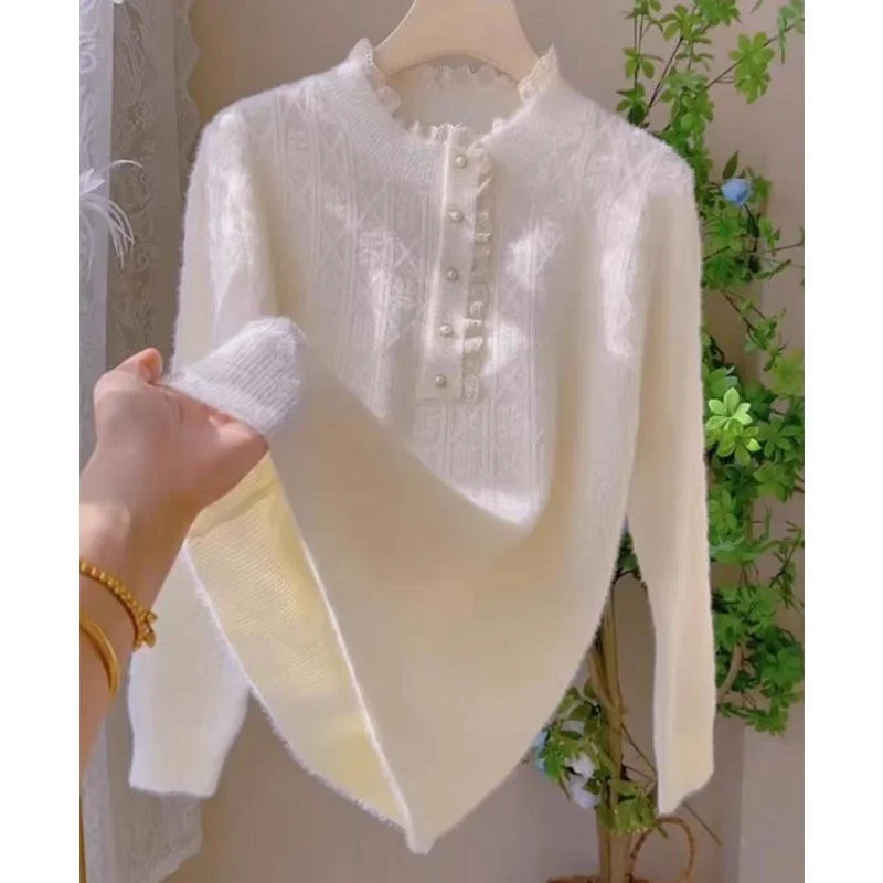 

Mink Velvet Temperament Lace Patchwork Sweater Women's Loose Knitted Bottoming New Long-sleeved Top