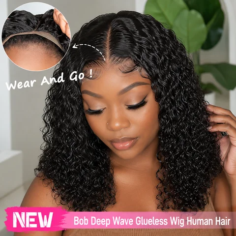 Wear And Go Deep Wave Glueless Wigs Short Bob Wig Human Hair Pre Plucked Natural Black Pre Cut Lace 5X5 HD Closure Front Wig For Women Pre Bleached Knots