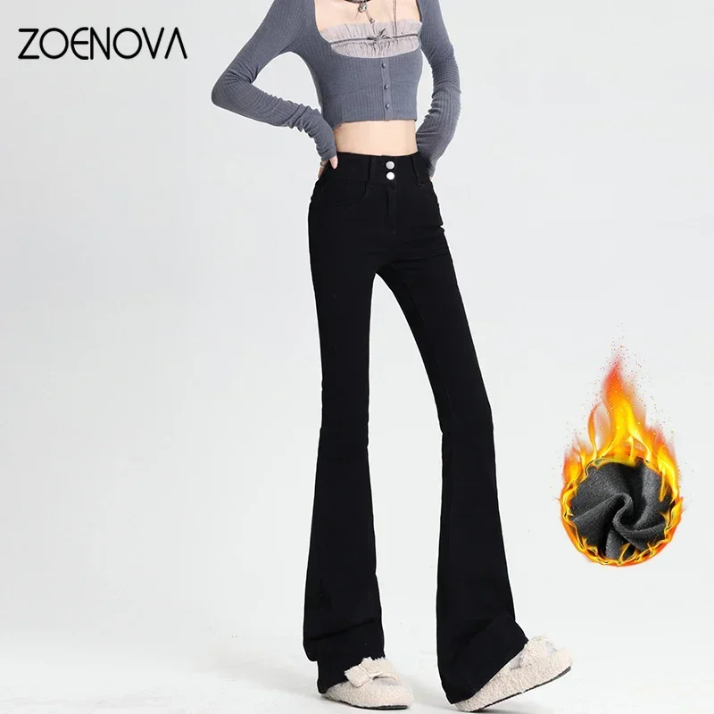 ZOENOVA Winter Fashion New Vintage Denim Flare Pants vita alta doppio bottone Street Style Jeans donna Casual Warm Y2k pantaloni