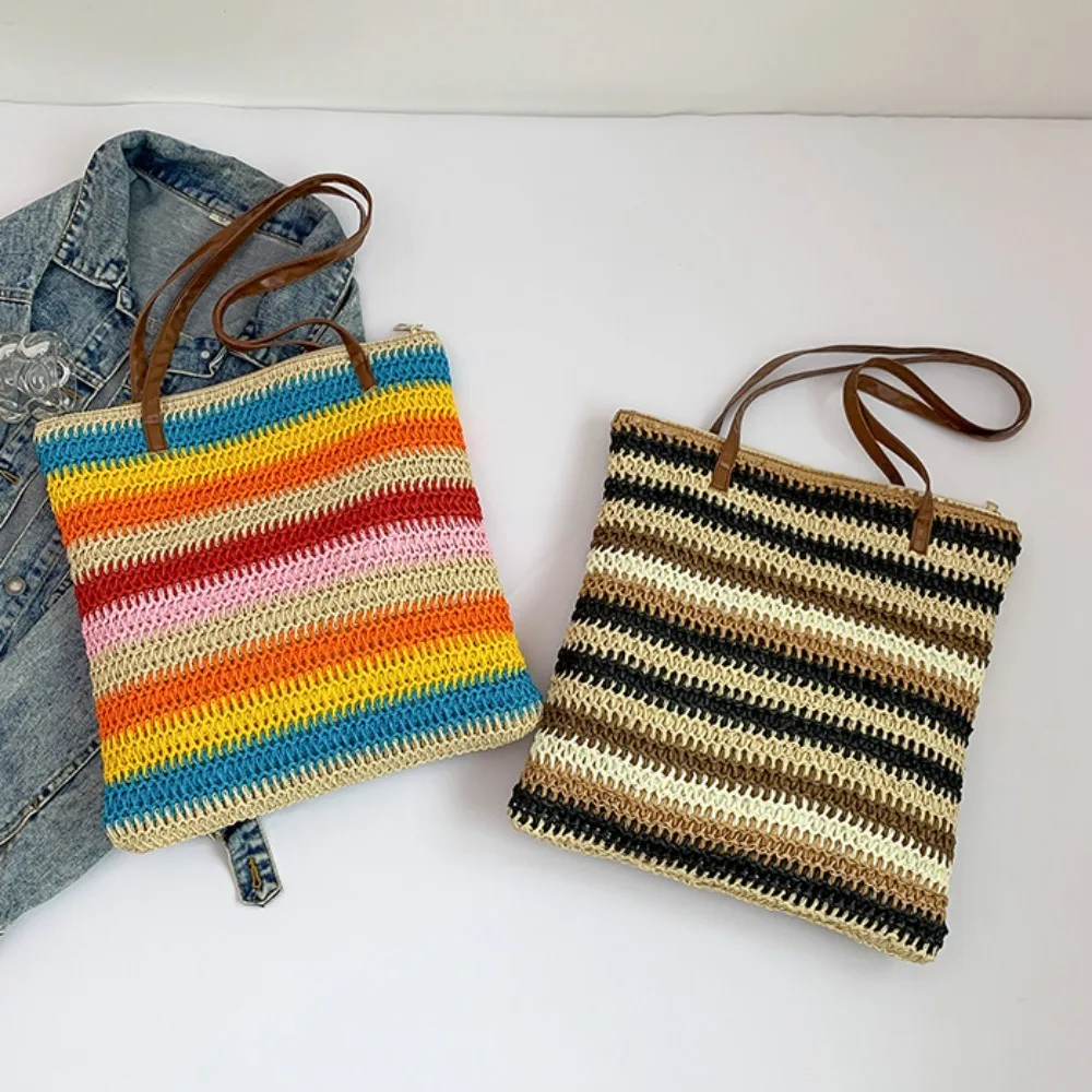 Colorful Horizontal Stripe Straw Woven Bag Commuting Bag Large Capacity Underarm Bag Tote Bag Casual Handbag Messenger Bag