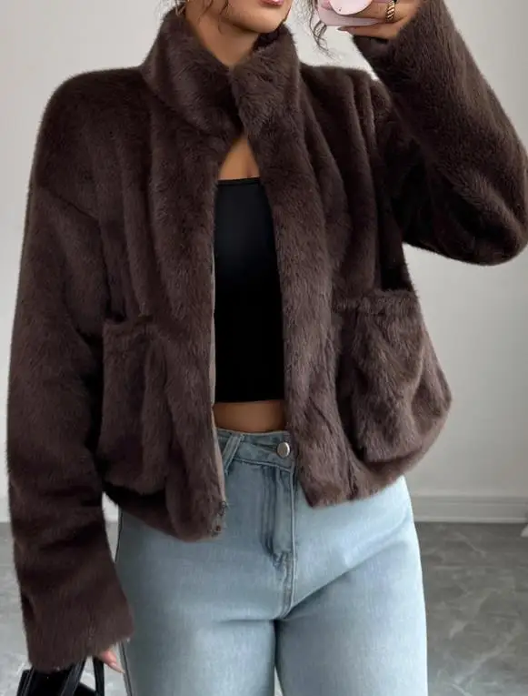 秋冬新作 無地 ハイネック プラッシュ スプライシング 暖かい ショートジャケット レディース カジュアル 大きめポケット付き プラッシュコート