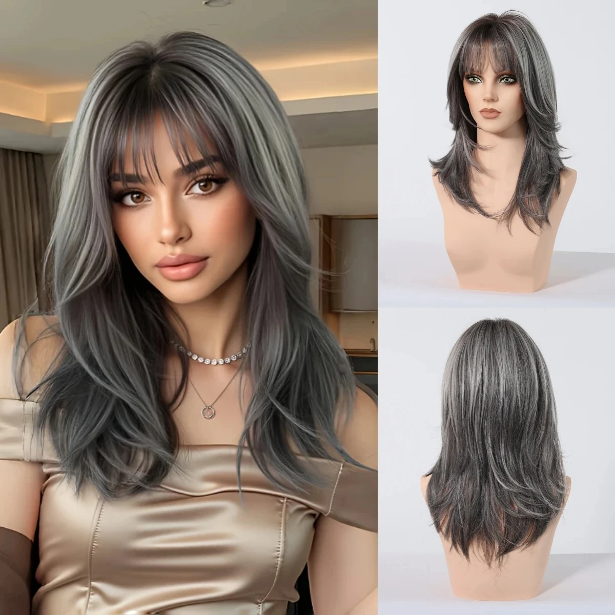 

Fashion women's synthetic wig with long hair, side bangs, slightly curled, high-temperature hair strands, full head cover