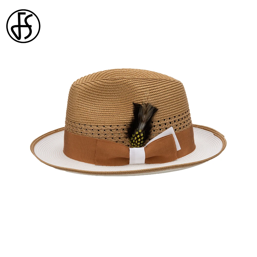 FS 2024 Khaki Cowboy Straw Hats For Men With Feather Rolled Brim Sombrero Jazz Panama Hat Gentleman Gangster Black Cap