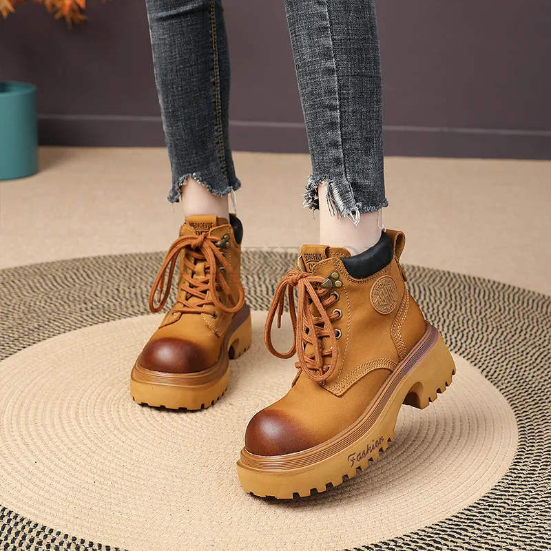 Genuine Leather Slope Heel Women Thick Soled Round Toe Motorcycle Boots Medium Tube Boots Fashionable Versatile Women Shoes