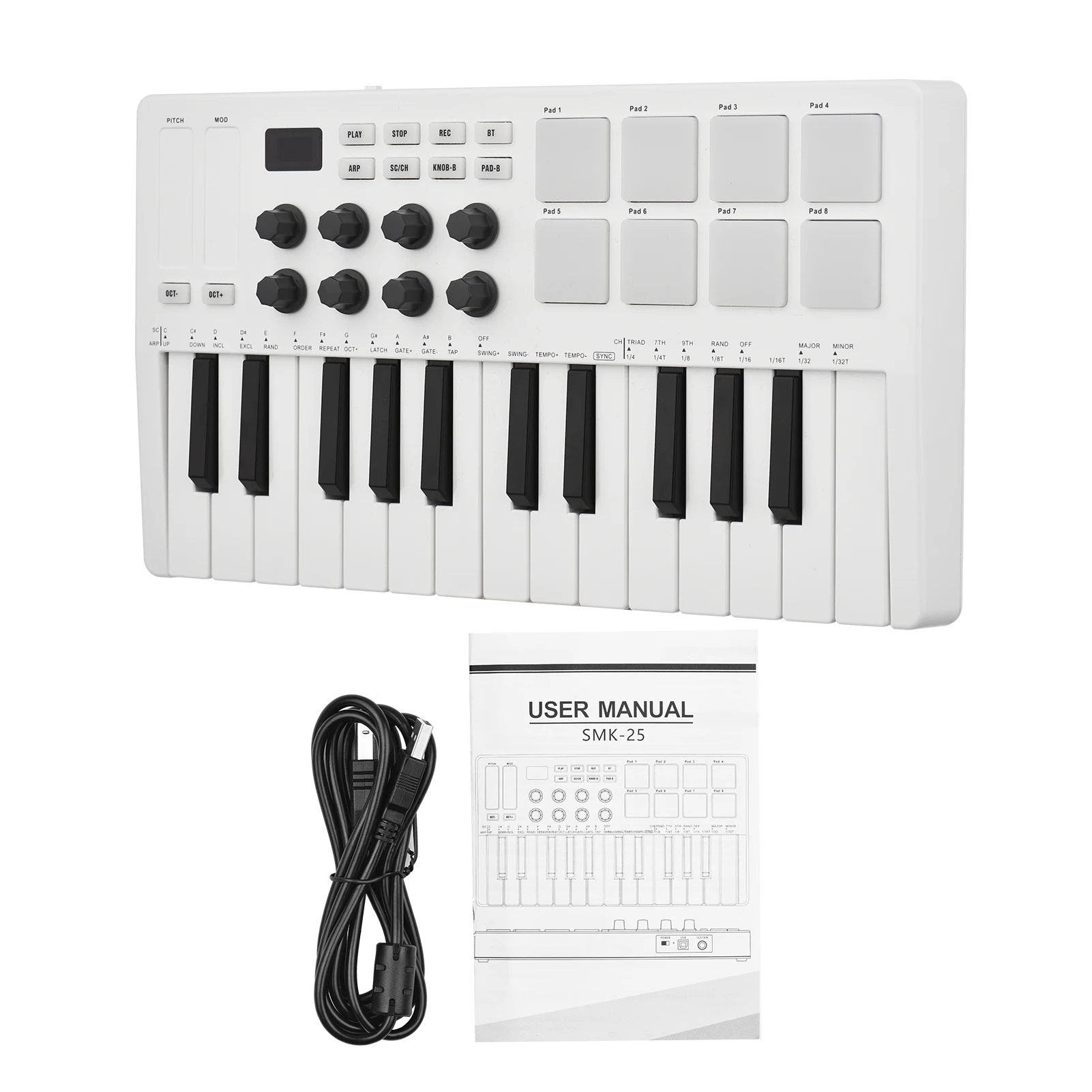 M-VAVE 25-key MIDI ovládání klávesnice mini USB klávesnice MIDI regulátor s 25 rychlost citlivý klíčů 8 RGB podsvícená vycpávky 8 knoflíky