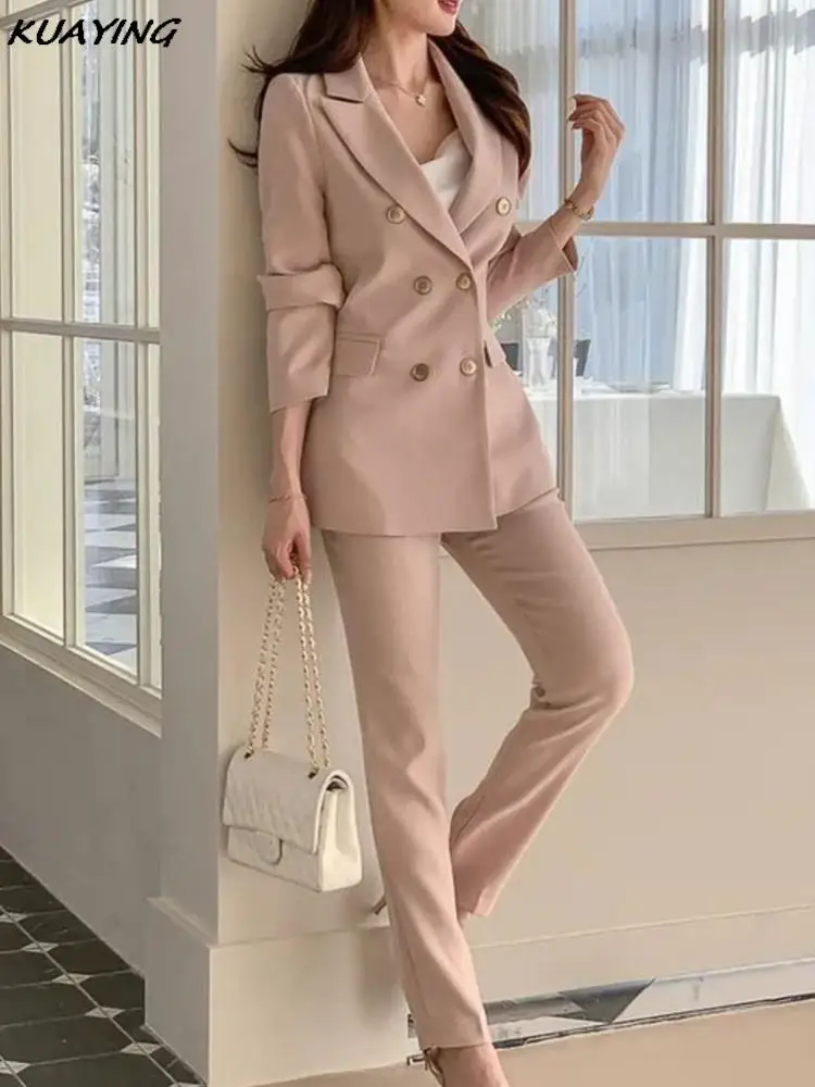 Women Casual Elegant Business Trousers Suit Office Ladies Slim Vintage Blazer Pantsuit Fashion Korean Female Clothes Two Pieces