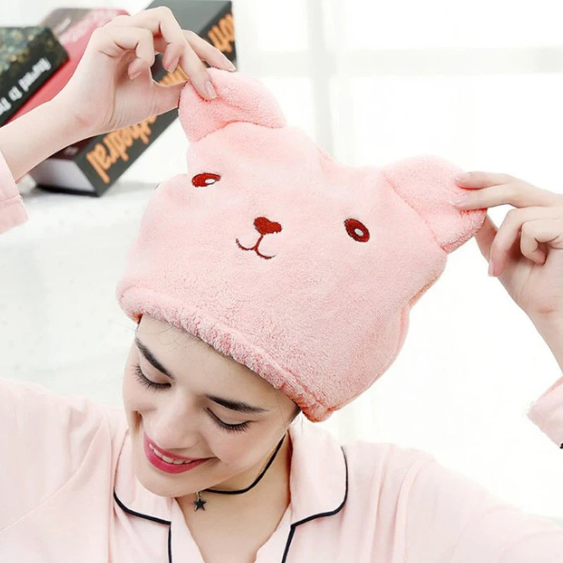 Dry Hair Cap For Women Quick-drying Absorbent Thick Microfiber Head Towel Korean Cute Bear Embroidered Shower Cap Towel