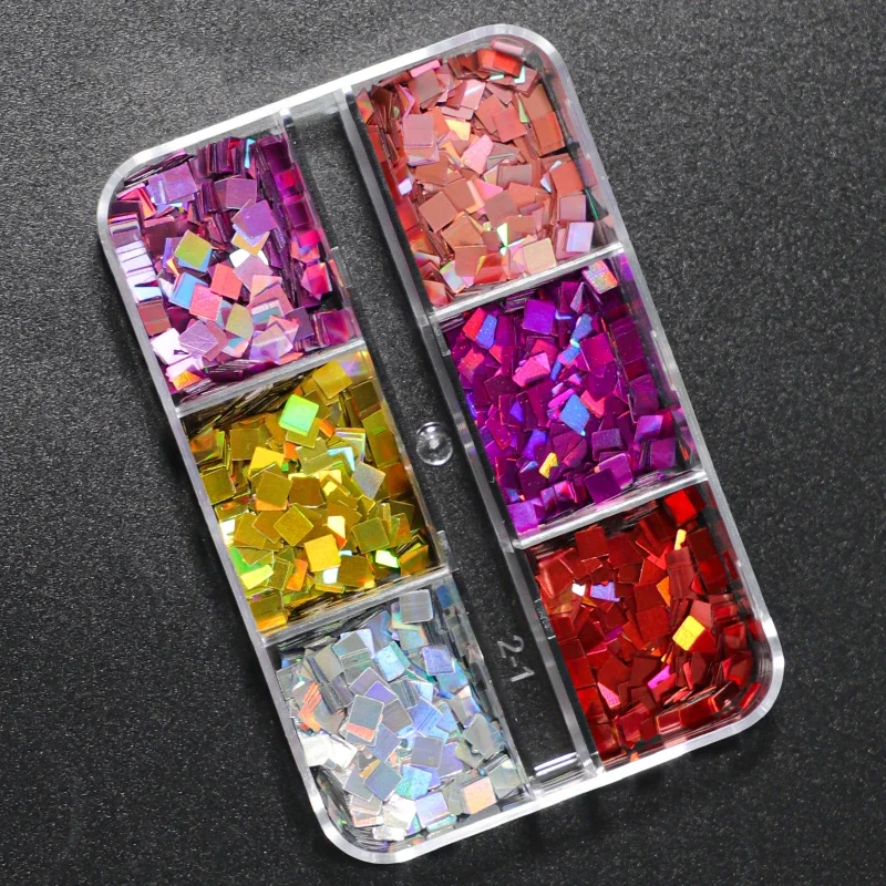 6 Grids Square Nail Art Glitter Sequins Laser Color Disc Ball Decoration Flakes Manicure Nails Supplies Professional Accessories