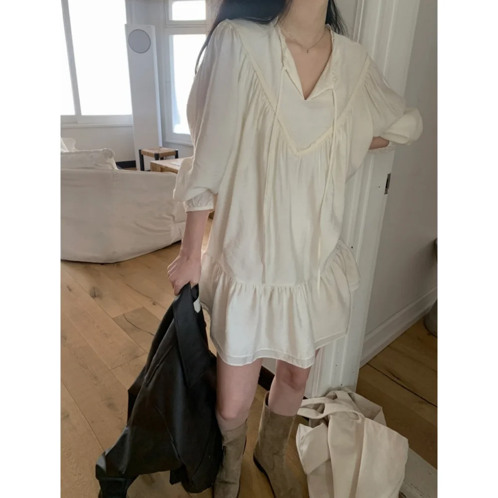 Estilo coreano doce solto renda com decote em v gravata arco babydoll manga bolha vestido para meninas, verão nova chegada