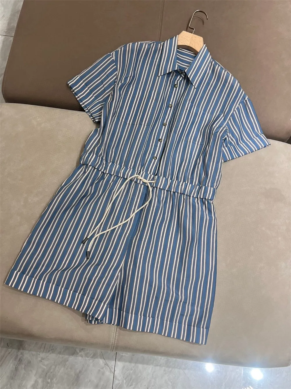 

Summer B*C Silk-Cotton Striped Jumpsuit Shorts With Waist and Slimming Women's Clothing