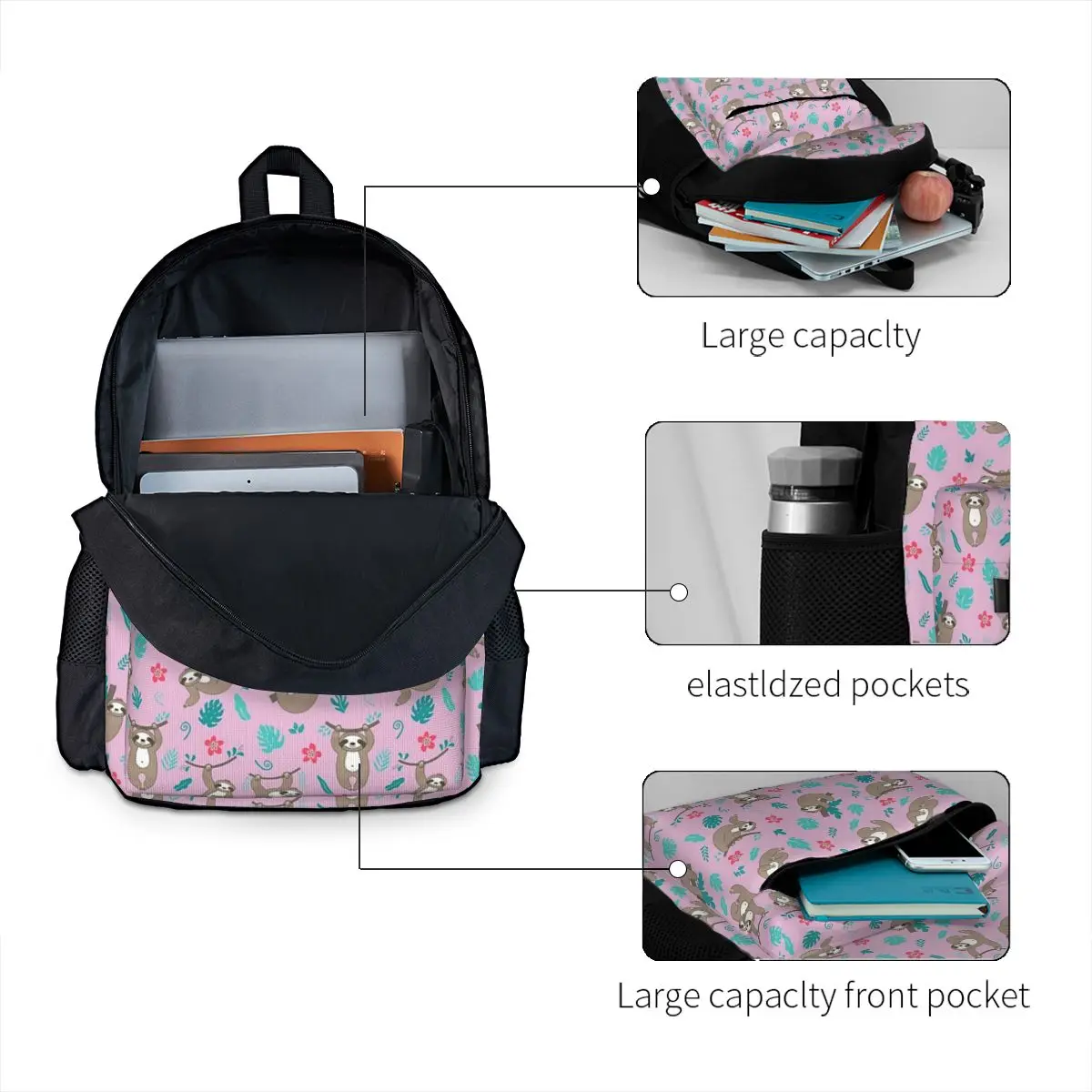 Mochilas rosa padrão preguiça para crianças, Bookbag bonito dos desenhos animados para meninos e meninas, mochilas escolares para crianças, mochila de viagem, bolsa de ombro