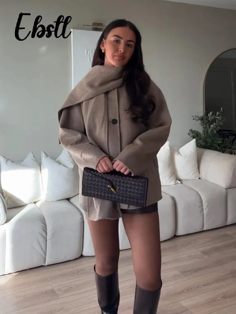 

Повседневное шерстяное пальто с шарфом и воротником, женское однотонное однобортное свободное пальто с карманами, новинка 2025, шикарные уличные куртки для поездок на работу