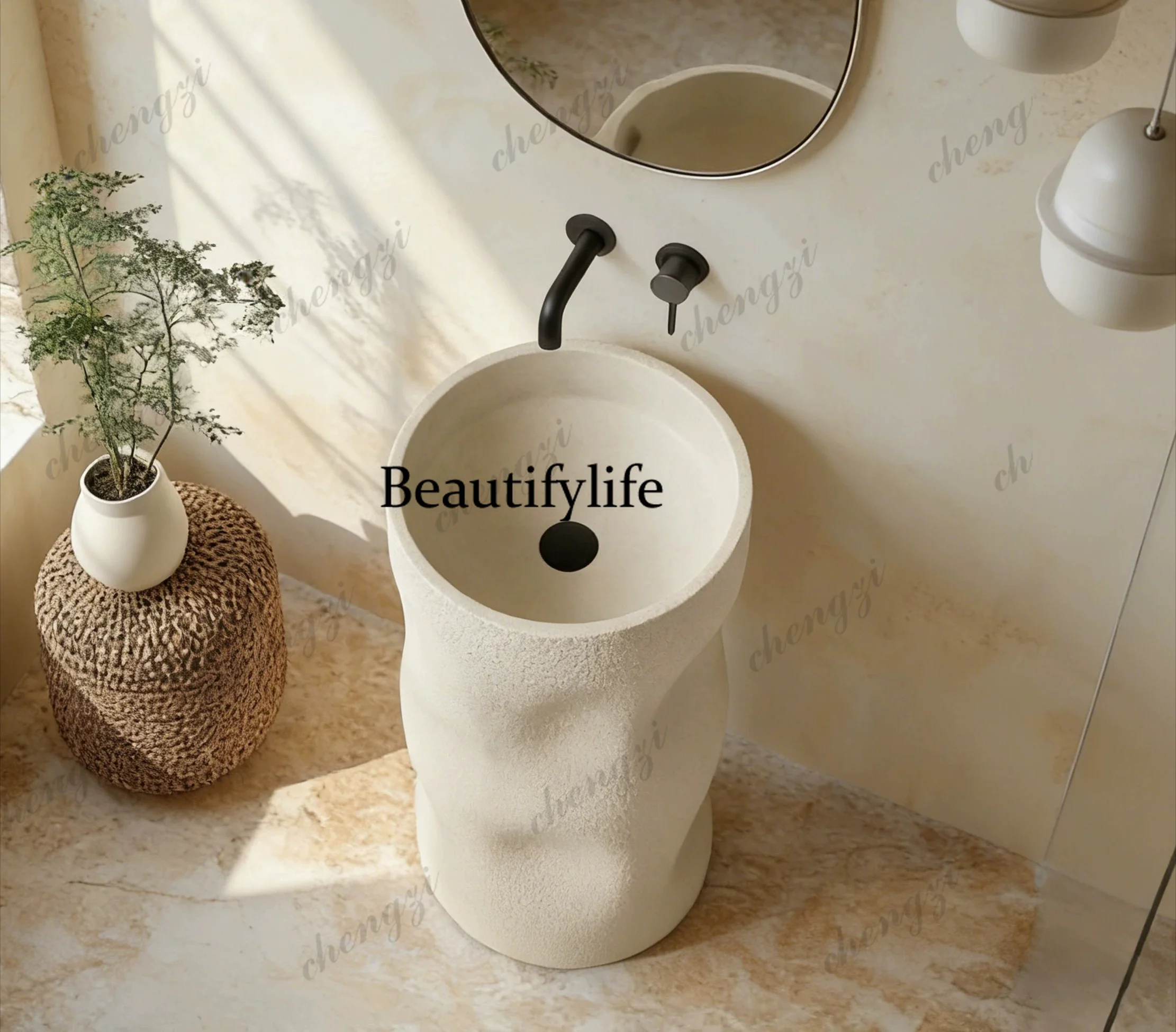 Column-type wash basin Japanese-style bathroom Outdoor courtyard Creative floor-to-ceiling art integration