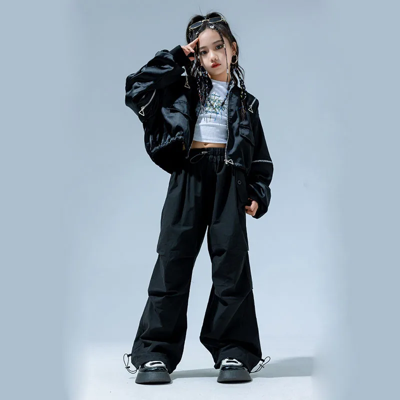 

Kid Cool Hip Hop Clothing Black Zipper Short Bomber Jacket Coat Top Casual Wide Ruched Pants for Girl Jazz Dance Costume Clothes