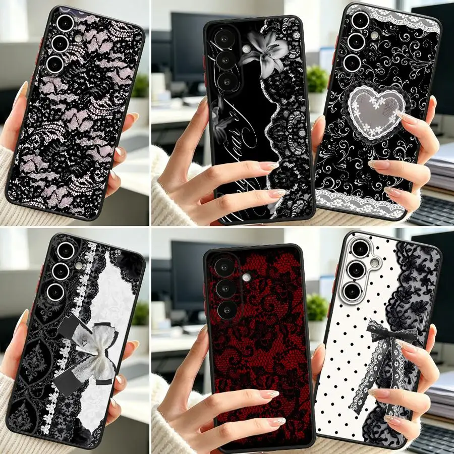 Phone Cover Case for Samsung Galaxy A57 A33 A54 A53 A34 A36 A16 A15 A14 A23 A17 A52 A72 A35 A56 A55 Dark Lace Bow