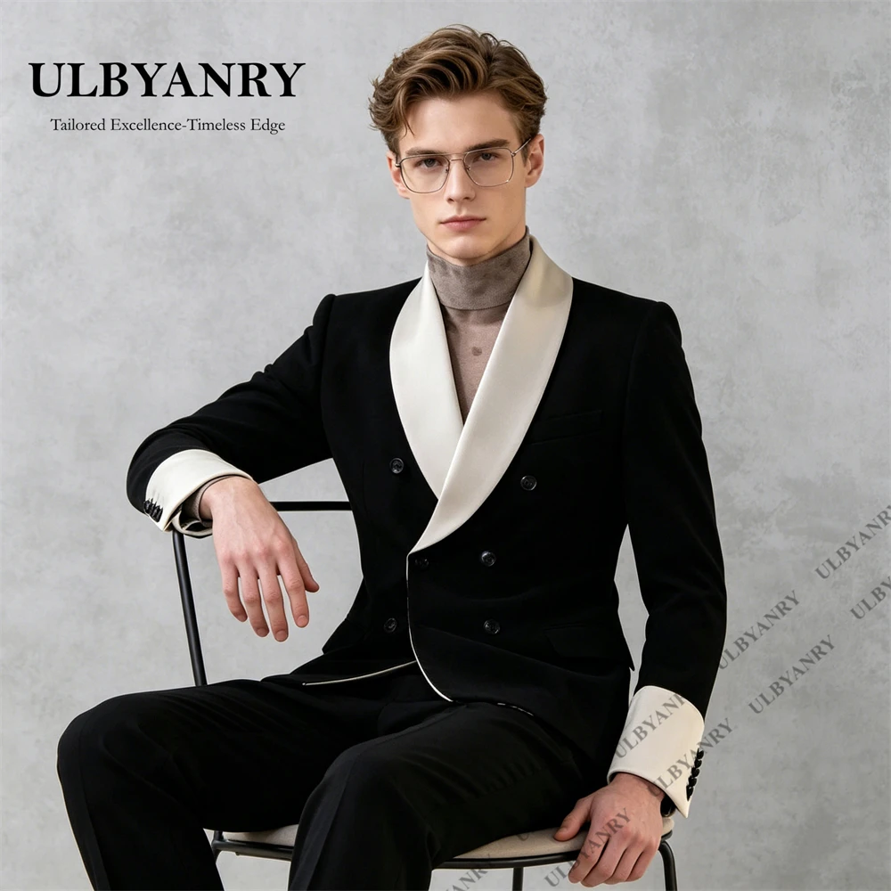 ULBYANRY Double Breasted Designer Men's Formal Tuxedo Jacket Pants Black&White Charity Evening Dinner Suit Attire for Men