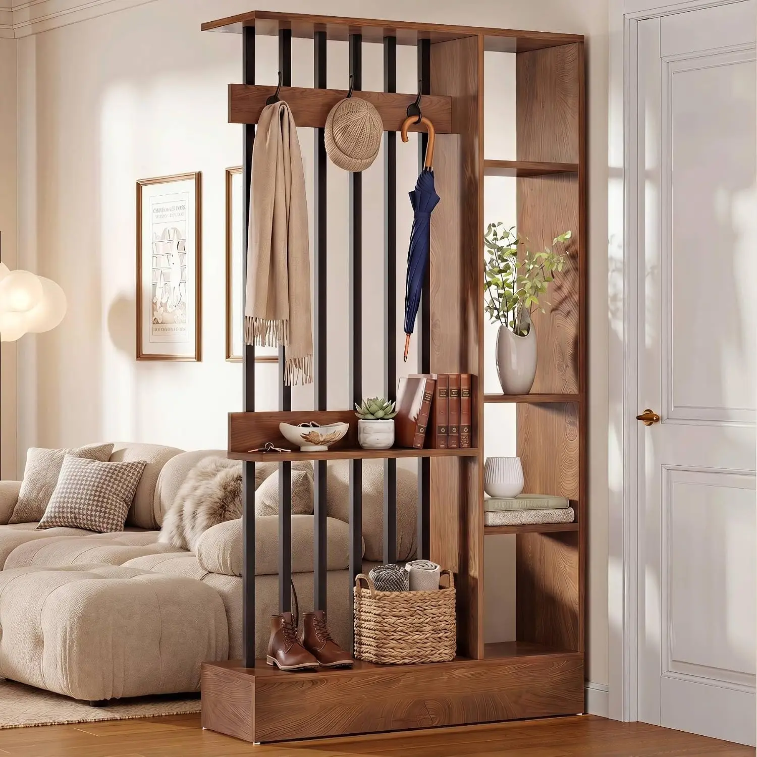 Tribesigns Freestanding Room Divider with Shelves & Coat Hooks, 71