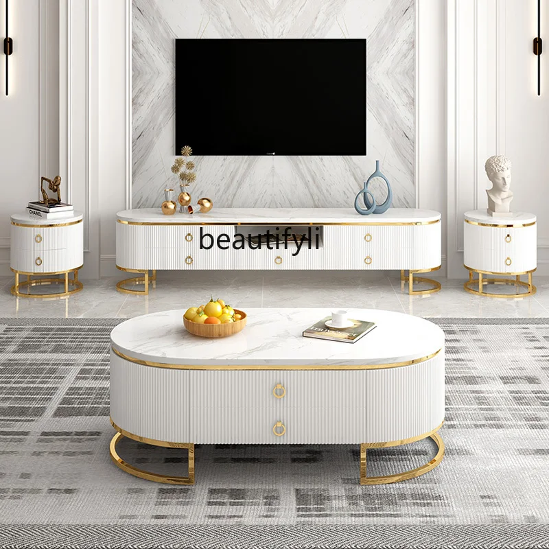 

zqCoffee Table TV Cabinet Combination of Simple Small Paint Living Room Storage White Marble Floor