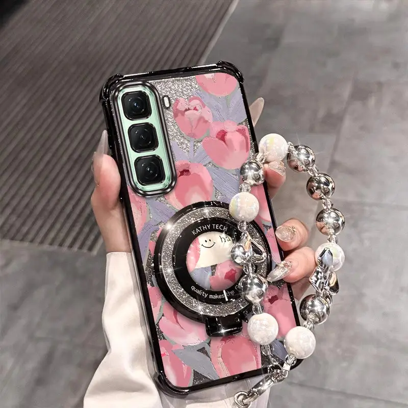 

Hot 60 Pink tulip Plating Bracelet Holder Phone Case For Infinix Hot 60 30i 40 60Pro 30Play 60i 10S 20Pro 9Play 50i 30i Cover