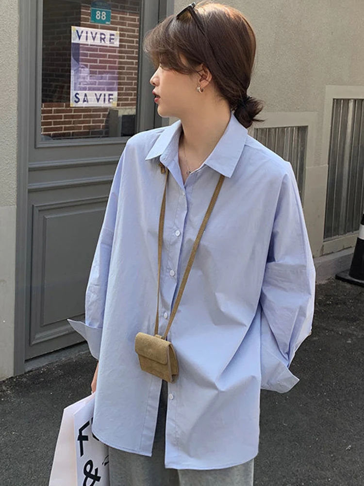 Zoki New Preppy Style Women Simple Shirt Korean Fashion Loose Harajuku Blouse Autumn Long Sleeve All Match Design Blue Tops Chic