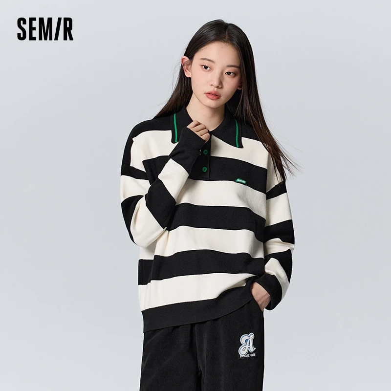 Semir Sweater Women Polo Collar Sweater Loose Trendy Winter Casual Black and White Striped Cool Fashionable Bottoming Shirt