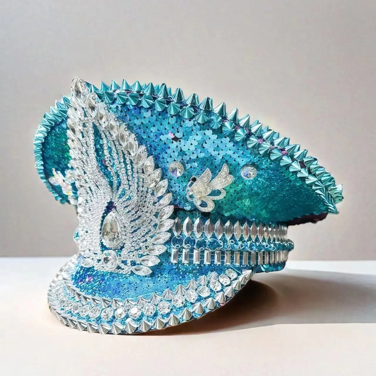 HongLuan Nappe blu Cappello da capitano Steampunk con strass per Burning Man Festival Donna, Accessori militari vintage e berretto da uomo